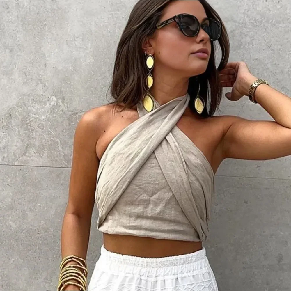 Commense Cotton And Linen Crisscross Halter Tank Top In Khaki Size Xs - Picture 8 of 11